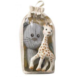 Vulli Set plyšová hračka kocour Lazare + žirafa Sophie (v bavlněném pytlíku)