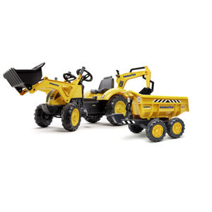 FALK Šlapací traktor Komatsu s bagrem a Maxi sklápěč přívěs - žlutá
