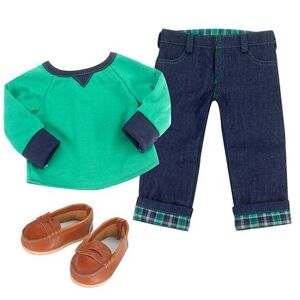 Teamson Sophia's - Sada oblečení pro panenku - tričko s límečkem, flanelové džíny a hnědé mokasíny