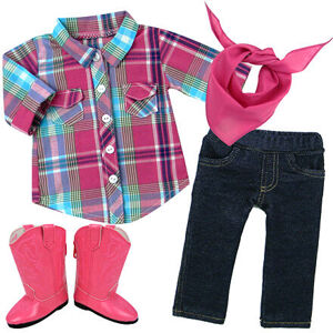 Teamson Sophia's - Kostkovaná košile, džegíny, šátek a růžové kovbojské polokozačky