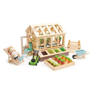 Dřevěný skleník Greenhouse and Garden Set Tender Leaf Toys s otevírací střechou a 9 druhů zeleniny pro panenku