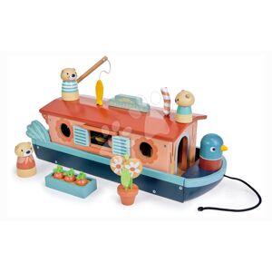 Dřevěná loďka Little Otter Canal Boat Tender Leaf Toys s 3 figurkami vyder a doplňky
